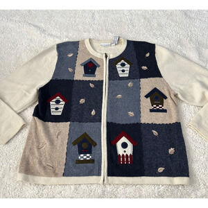 Croft & Barrow Womens Cream Knit Bird Embroidered Sweater Sz 1XL Cottage Costal